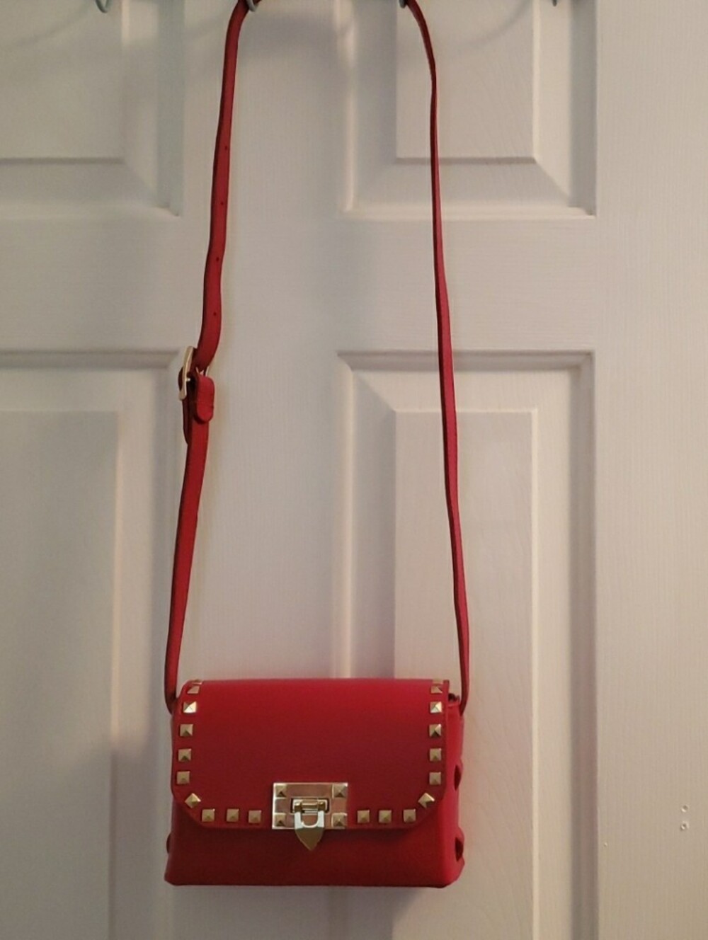 Women's Red Stud-Trim Leather Crossbody Bag with Gold Hardware